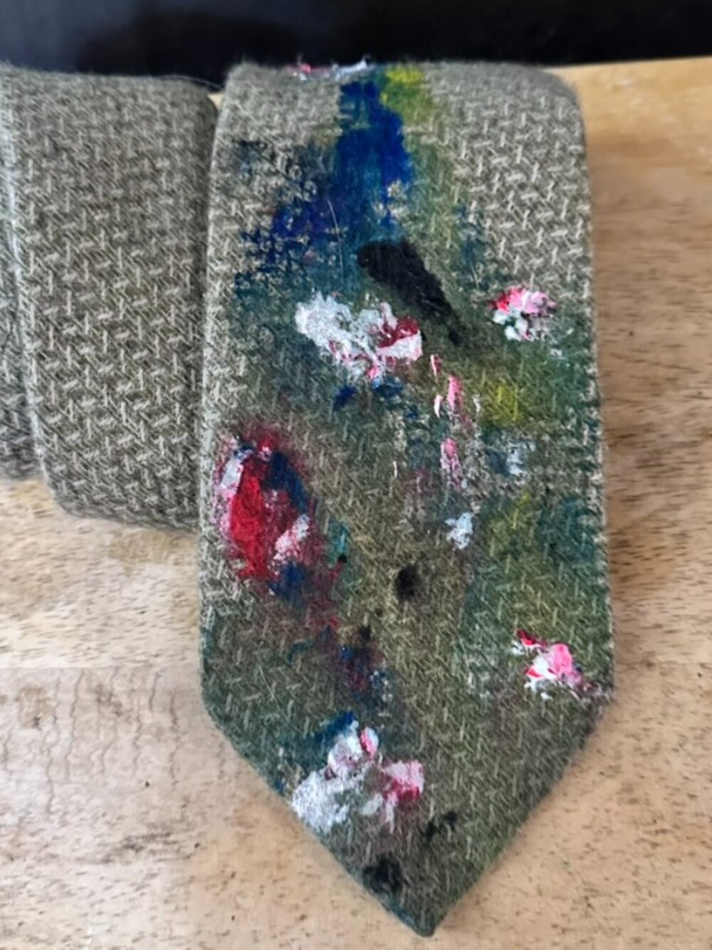 Pancaldi Cashmere Upcyled Wool Tie Necktie Abstract Painterly Green Artsy Paint